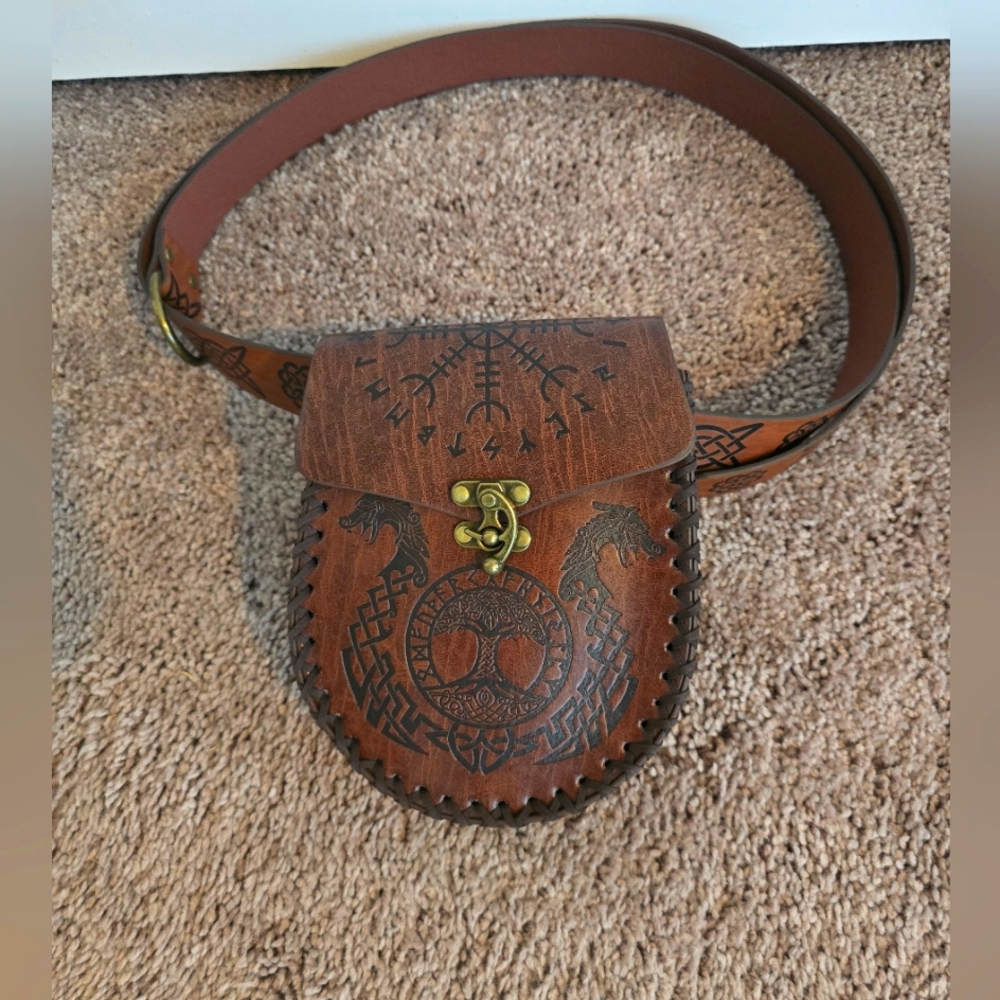 Norse Hangable Waist Bag & Viking Leather Belt with Knotwork